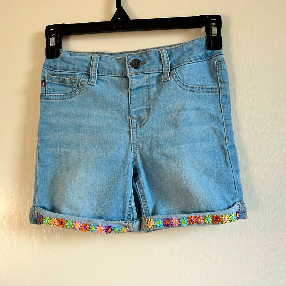 Embroidered Denim Shorts with Floral Trim